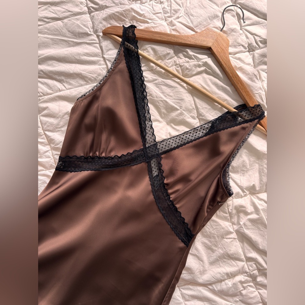 Brown Lace-Trim satin Dress from